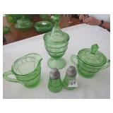 5 PIECES DORIC GREEN DEPRESSION ,CANDY DISH, C/S,