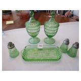 6 PIECES DORIC GREEN DEPRESSION S/P, RELISH DISH,