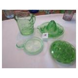 4 PIECES GREEN DEPRESSION , MEASURING CUP, JUICER,