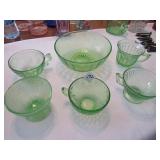 6 PIECES GREEN DEPRESSION CUPS, & BOWLS