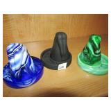 3 BOTTOMS UP SHOT GLASSES W/ COASTERS, SLAG,