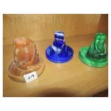 3 BOTTOMS UP SHOT GLASSES W. COASTERS, SLAG GLASS