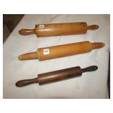 3- WOOD ROLLING PINS, 1 HAND CARVED, & 2 EXTRA