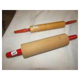 2 WOOD ROLLING PINS W/ RED HANDLES, ONE W/ GROVES