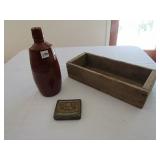 EARTHENWARE BOTTLE , 91/2" , WOOD BOX, ADV.