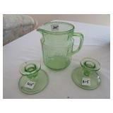 3 PIECES GREEN DEPRESSION - 6" PITCHER,CANDLE