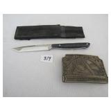CUSTOM MADE 7" KNIFE W/ SHEATH, HUNTING BELT BUCKE