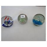 3 ART GLASS PAPER WEIGHTS W/ FISH & BIRDS