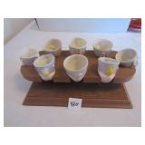 8- MINI BOTTOMS UP SHOT GLASSES W/ WOOD RACK