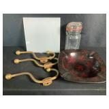 Wheaton Jar, Ashtray & Brass Hooks