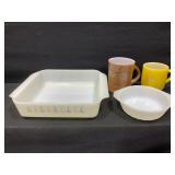 FireKing Square Dish, Small Dish & 2 Coffee Mugs