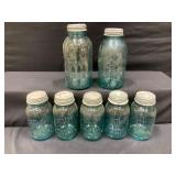 Blue Mason Jars with Zinc Lids Lot of 7