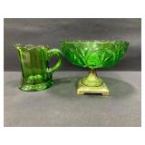 Green Glass Creamer Pitcher & Anchor Hocking Dish