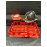 Antique Lot of Firefighter Helmet, Hat, and Crate