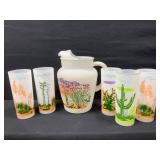 Blakey Oil & Glass Cactus Pitcher & 5 Glasses
