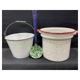 Enamelware Bucket, Strainer, Ladle