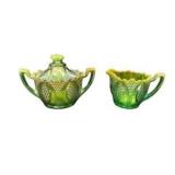 Green Carnival Glass Cream & Sugar