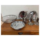 Antique Lot of Candle Holder, Wired Bowl, & Plates