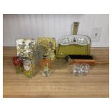 Dust Pan. Table Cloth Weights, & Dishes