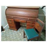 Wooden Roll-Top Desk with Chair