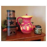Decor Lot: Hand Painted Pitcher, Candle, St.,