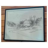 Framed Barn Landscape Pencil Drawing, 25" x
