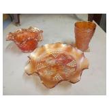 Marigold Carnival Glass Bowl, Vase, Cup Trio