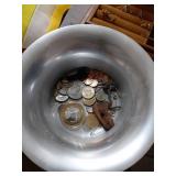 US Coins, Tokens, and Trinkets in Bowl