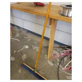 Large Push Broom with Blue Bristles and Wooden Han