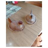 Amber Glass Hen on Nest Covered Dishes Pair