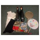 Lot: Selz Black Boots, Scarves, Hand Fans