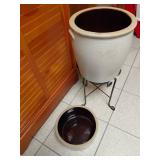 Large Stoneware Crock With Lid and Stand