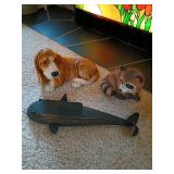Dog, Raccoon, and Wooden Fish Figurines