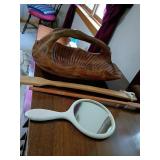 Wood Carved Leaf Basket, Hand Mirror, and Back Scr