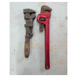2 Vintage Pipe Wrenches, Red & Wood Handle