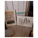 2 Framed Art Prints: Ship & Drawing
