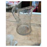 Etched Glass Pitcher, Vase, and Ruffled Bowl Set