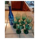 7 Green Glasses with Blue Bottle
