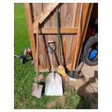 Yard Tools Lot: Shovel, Scoop, Broom, Rake