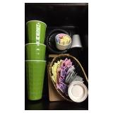 Tub of  plastic cups,plates, straws