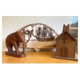 Wood Church Bank, Elephant Sculpture and Fan