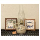 Vintage Sheep Oil Lamp and Framed Tiles