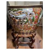 Asian Porcelain Fishbowl Planter on Wood Stand #2