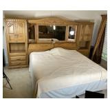 King Bed with Vintage Oak Wall Storage Headboard