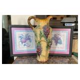 Framed Fruit Art and Large Ceramic Pitcher