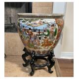 Asian Porcelain Fishbowl Planter on Wood Stand #1