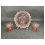 Pink Diamond Cut Glass Tray and Stems