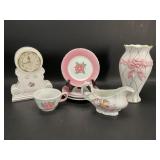 Pink and White Porcelain Vase, Clock and Teacup