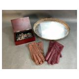 Mirrored Tray, Gloves and Box of Jewelry