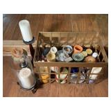 Candle Holders and Candles in Metal Basket